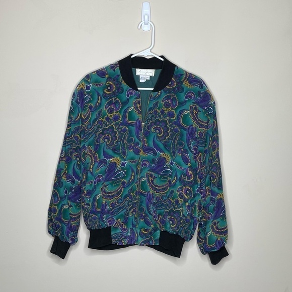 Spenser Jeremy Vintage Paisley Print Silk Full Zip Up Bomber Jacket - Picture 1 of 6